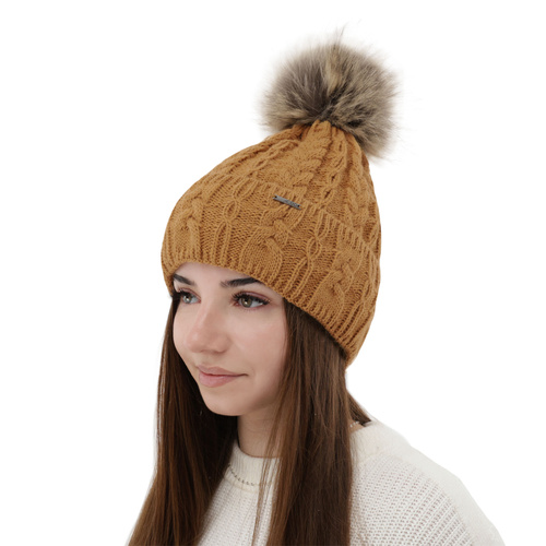 Bonnet d'hiver femme, camel, avec pompon, Omega