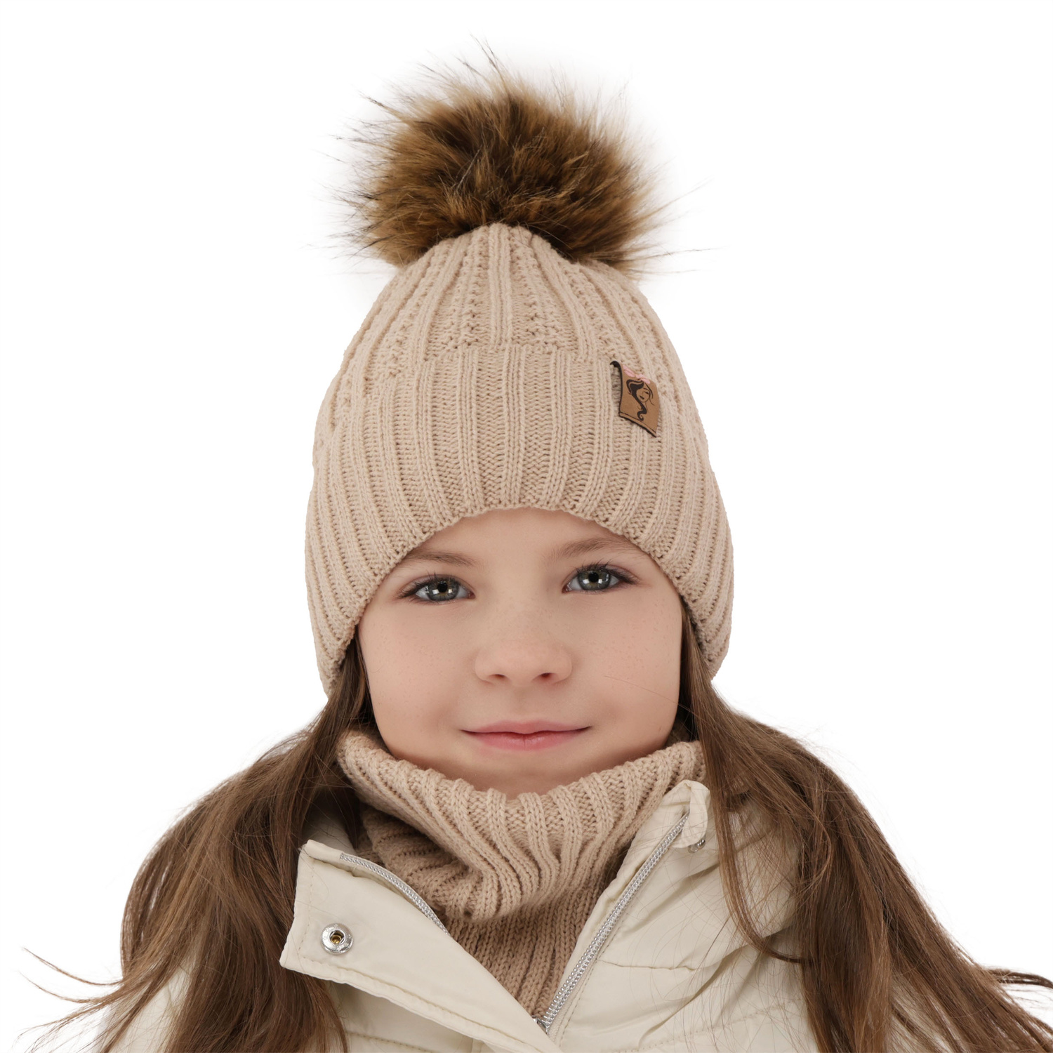 Ensemble d'hiver fille: bonnet et snood, beige, avec pompon, Larina