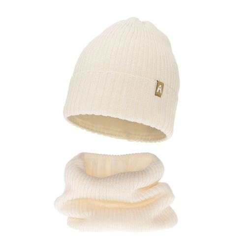 Ensemble d'hiver fille: bonnet et snood, crème, avec laine mérinos, doublé de polaire, Peggy