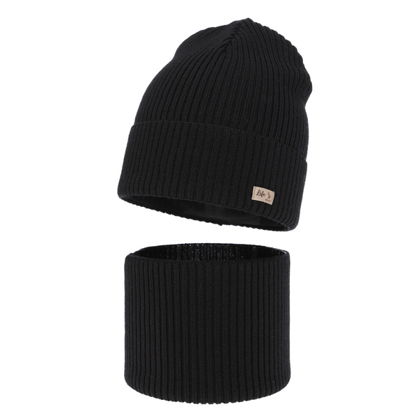 Ensemble automne/printemps fille: bonnet et snood, noir, avec laine mérinos, Itra
