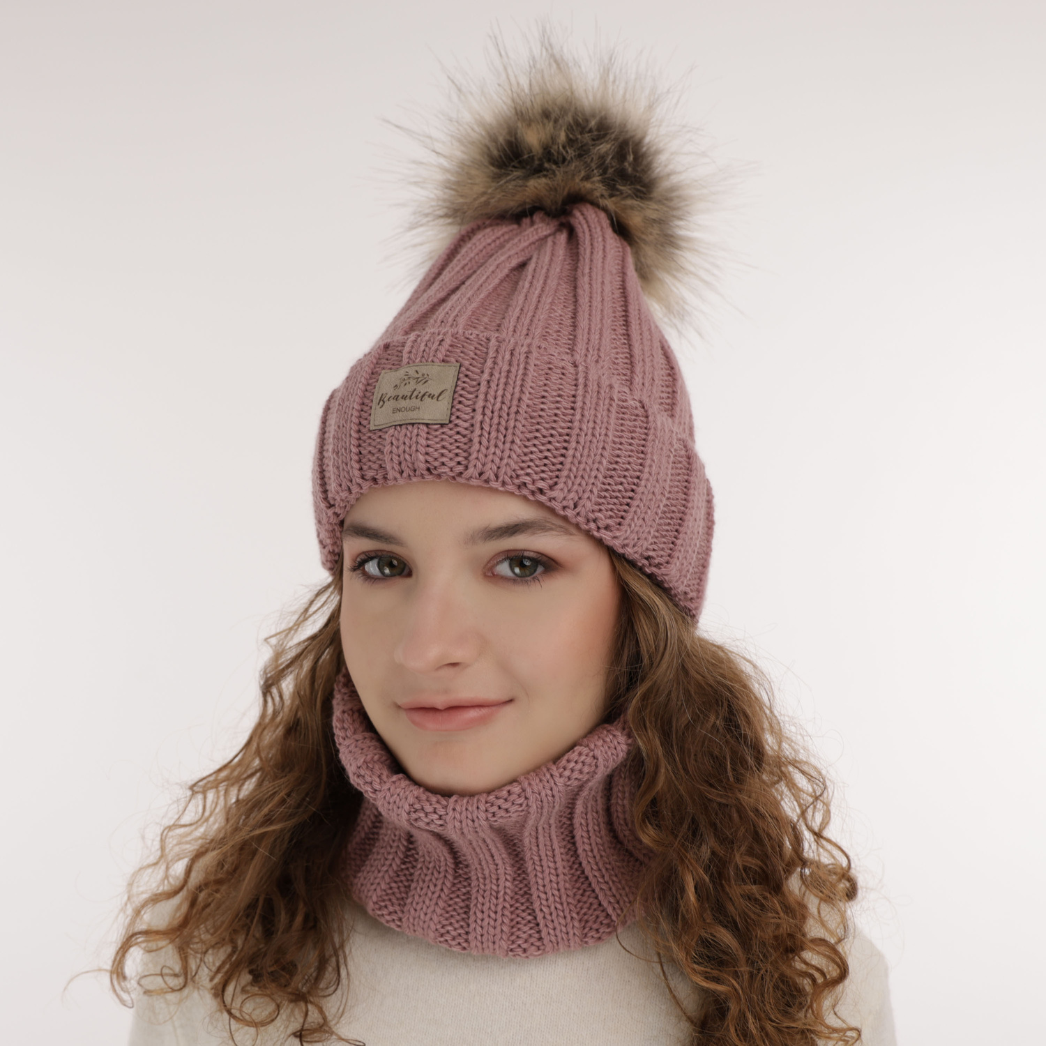 Ensemble d'hiver fille: bonnet et snood, beige, avec pompon, Kaliope