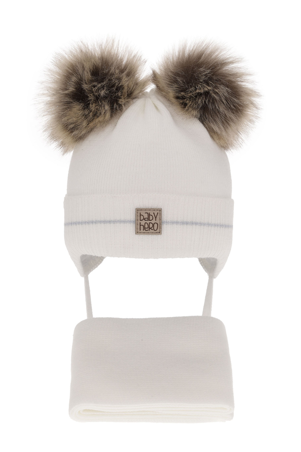 Ensemble d'hiver garçon: bonnet et écharpe, blanc, avec deux pompons, avec liens, Melon