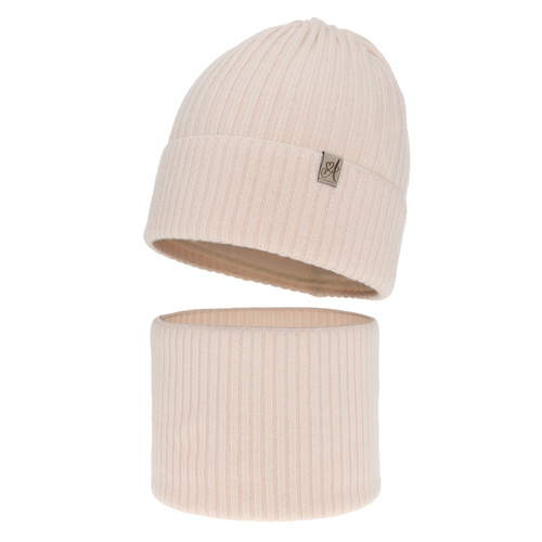 Ensemble d'hiver fille: bonnet et snood, rose clair, avec laine mérinos, Patricia