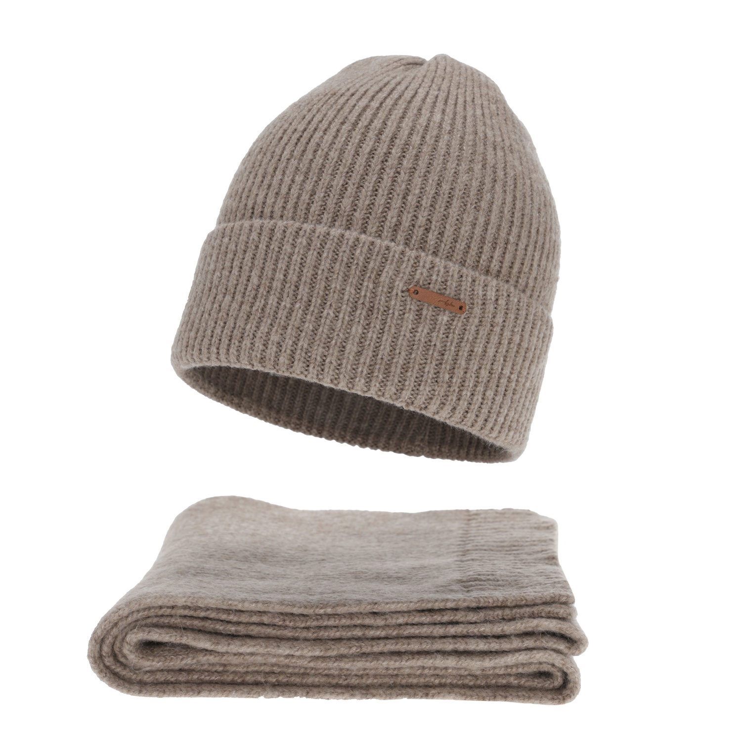 Dames winter set (muts en sjaal), donkerbeige, met merinowol, Seala