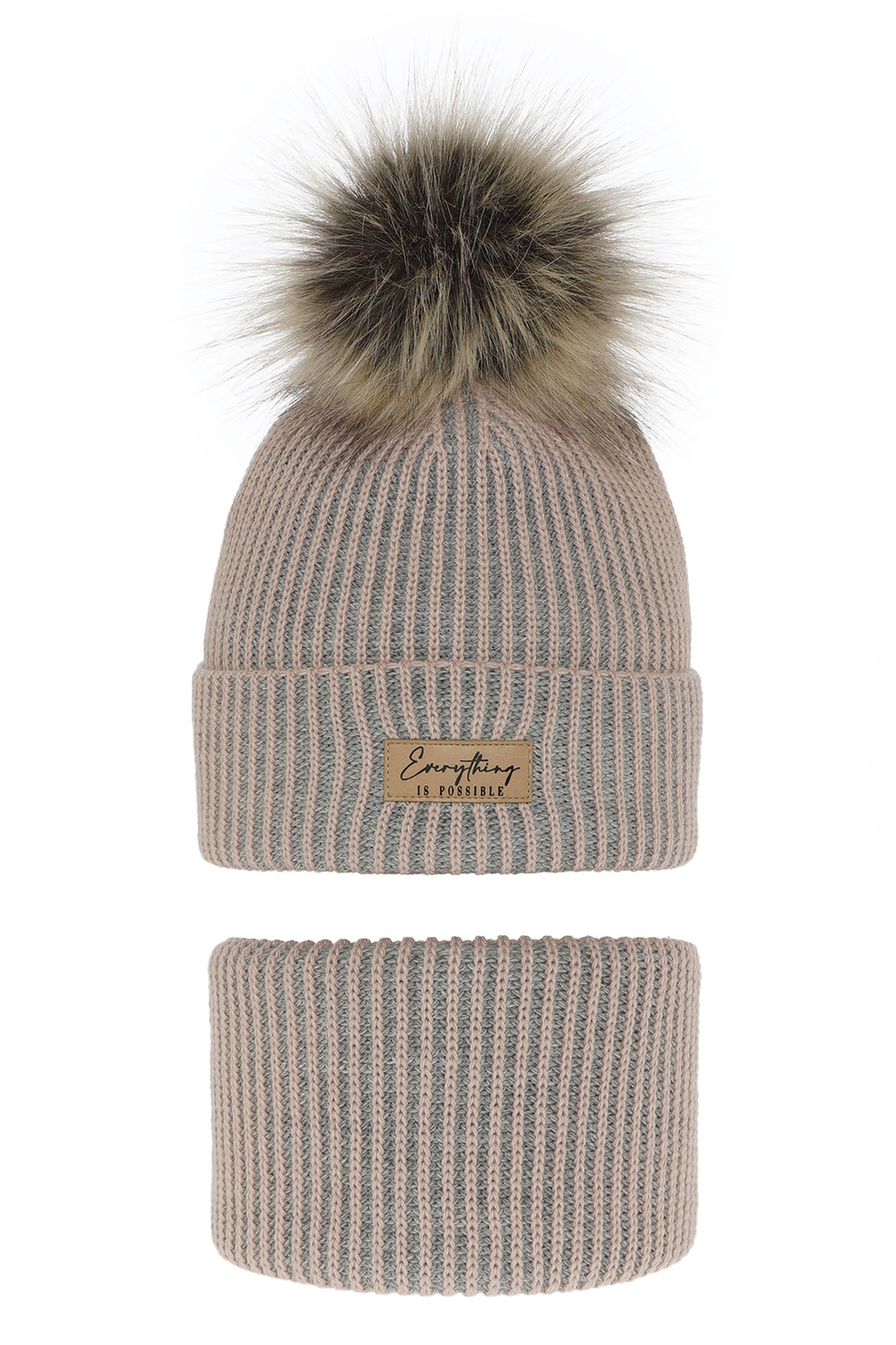 Ensemble d'hiver fille: bonnet et snood, rose, avec pompon, Floryda