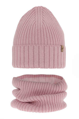 Ensemble d'hiver fille: bonnet et snood, rose, avec laine mérinos, Mesalia