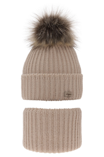 Ensemble d'hiver fille: bonnet et snood, beige, avec pompon, Willow