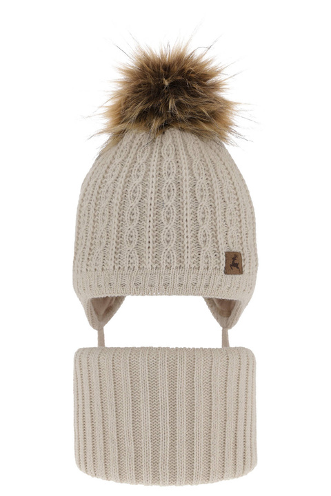 Ensemble d'hiver garçon: bonnet et snood, beige, avec pompon, Pago