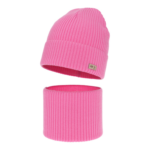 Ensemble automne/printemps fille: bonnet et snood, rose, 100% laine mérinos, Itra