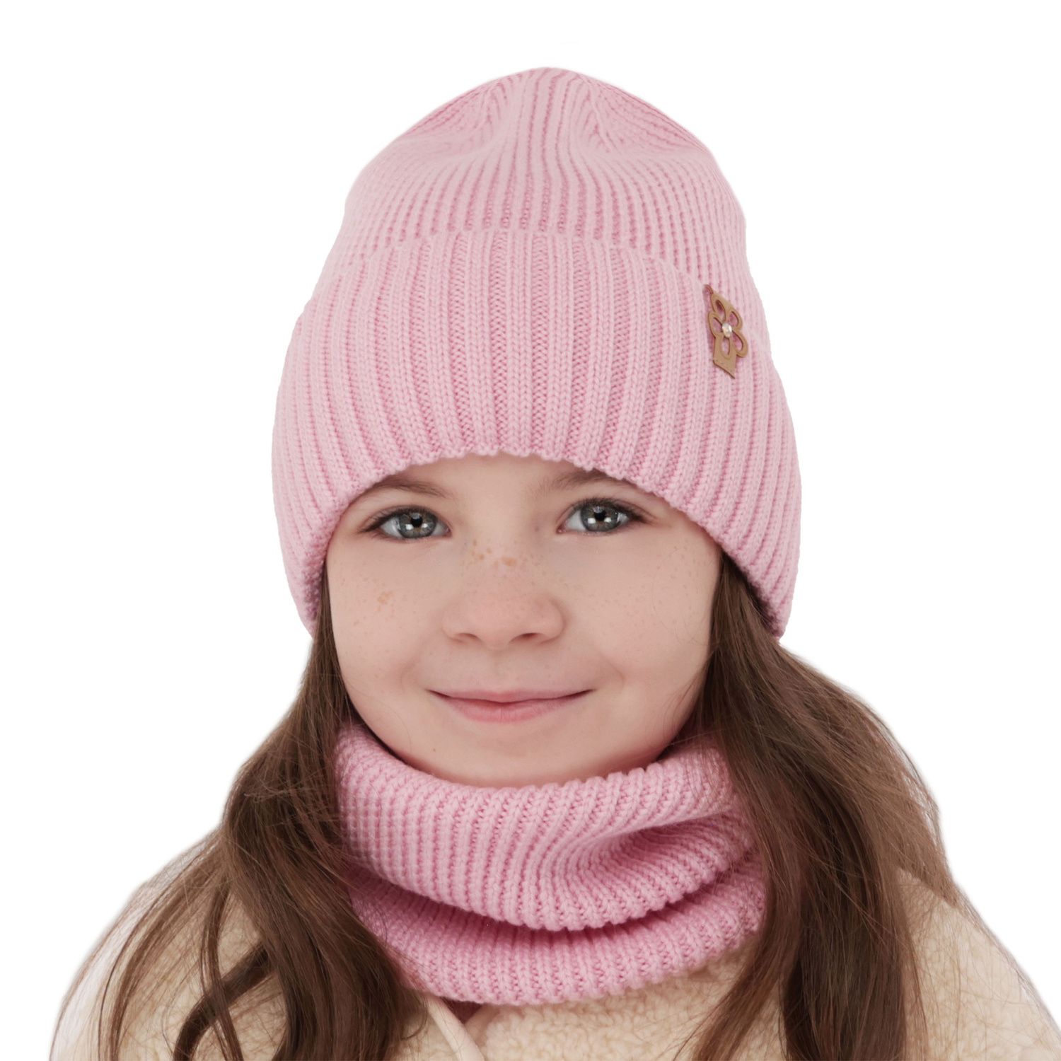 Ensemble d'hiver fille: bonnet et snood, rose clair, avec laine mérinos, Nelita