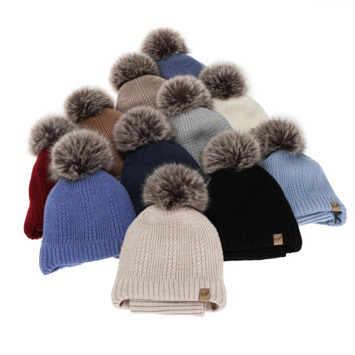 Jongens muts en col, winter set, grijs, 100% merinowol, gevoerd met wollen fleece, met strikbanden Danny