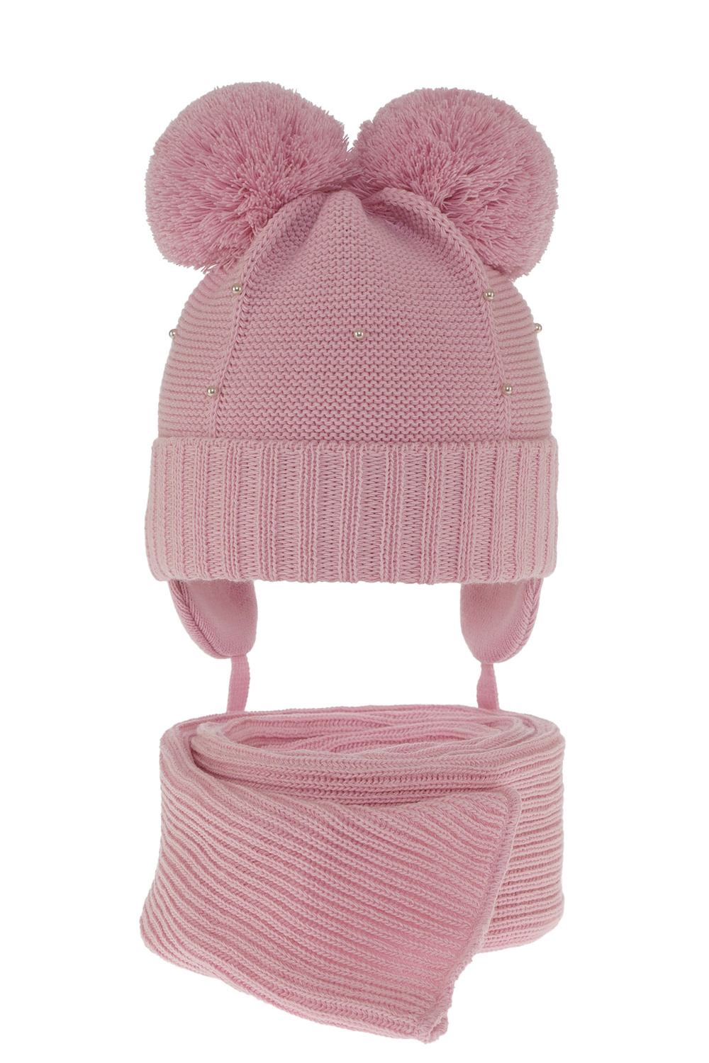 Ensemble d'hiver fille: bonnet et écharpe, rose, avec deux pompons, Fibien