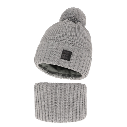 Ensemble d'hiver garçon: bonnet et snood, gris, avec pompon, Conan
