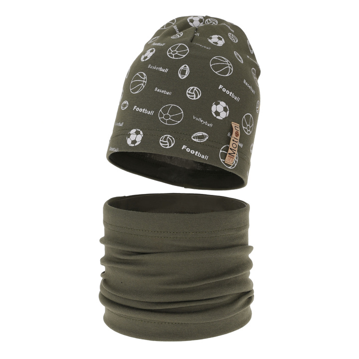 Ensemble automne/printemps garçon: bonnet et snood, kaki, en coton, Paolo