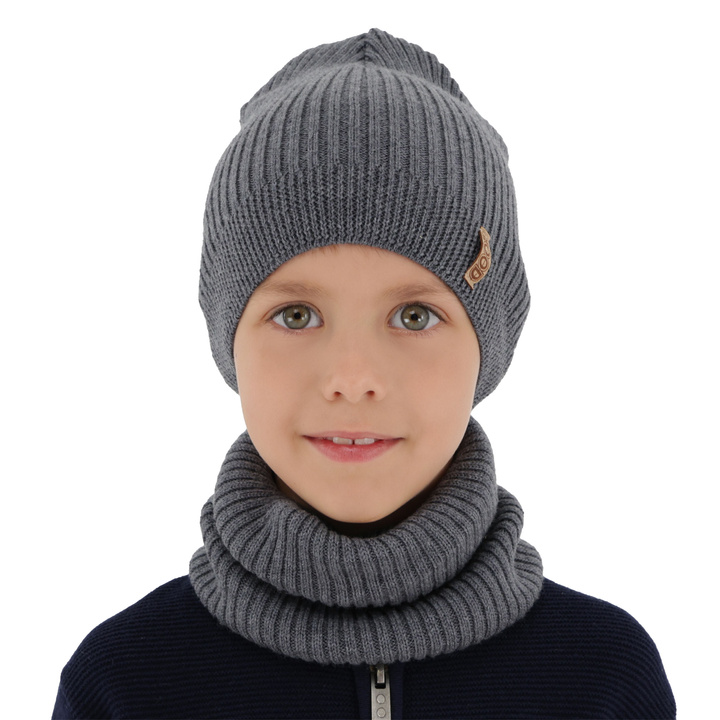 Ensemble automne/printemps garçon: bonnet et snood, gris, avec laine mérinos, Chester