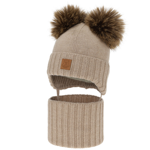 Jongens muts en col, winter set, beige, 100% merinowol, gevoerd met wollen fleece, Ronik