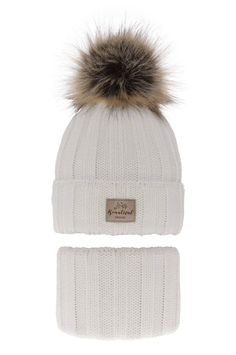 Ensemble d'hiver fille: bonnet et snood, blanc, avec pompon, Kaliope