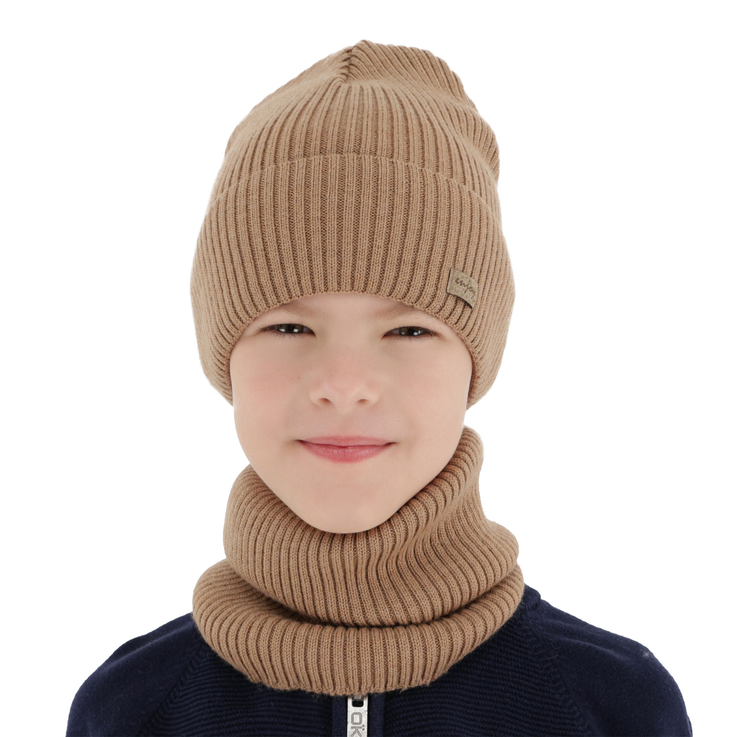 Ensemble automne/printemps garçon: bonnet et snood, camel, 100% Laine Mérinos Extrafine, Intro