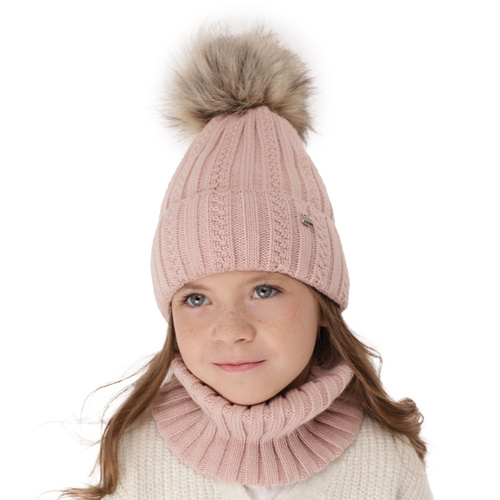 Ensemble d'hiver fille: bonnet et snood, beige, avec pompon, Wirginia