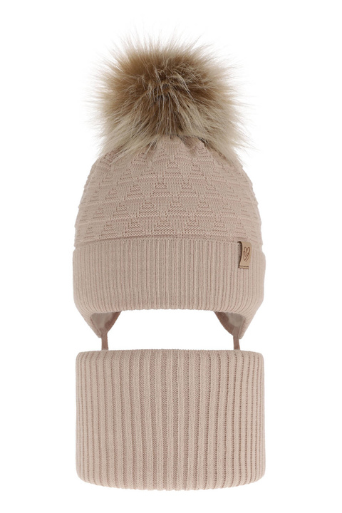 Ensemble d'hiver fille: bonnet et snood, beige, avec pompon, Egeria
