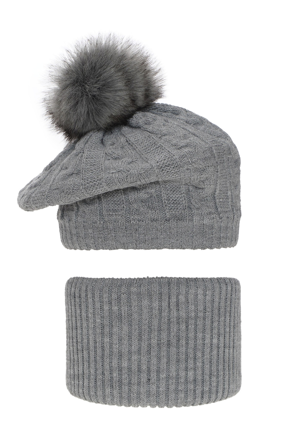 Ensemble d'hiver fille: beret et snood, gris, avec pompon, Koffi