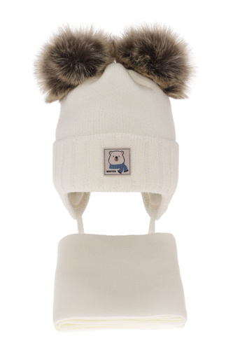 Ensemble d'hiver garçon: bonnet et écharpe, crème, avec deux pompons, wiązany Jewel
