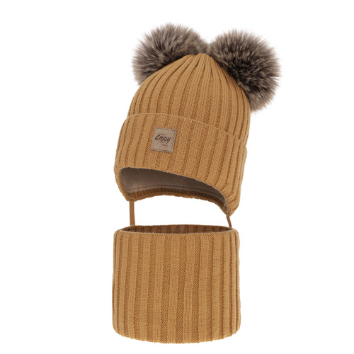 Ensemble d'hiver garçon: bonnet et snood, camel, avec deux pompons, avec liens, Orange