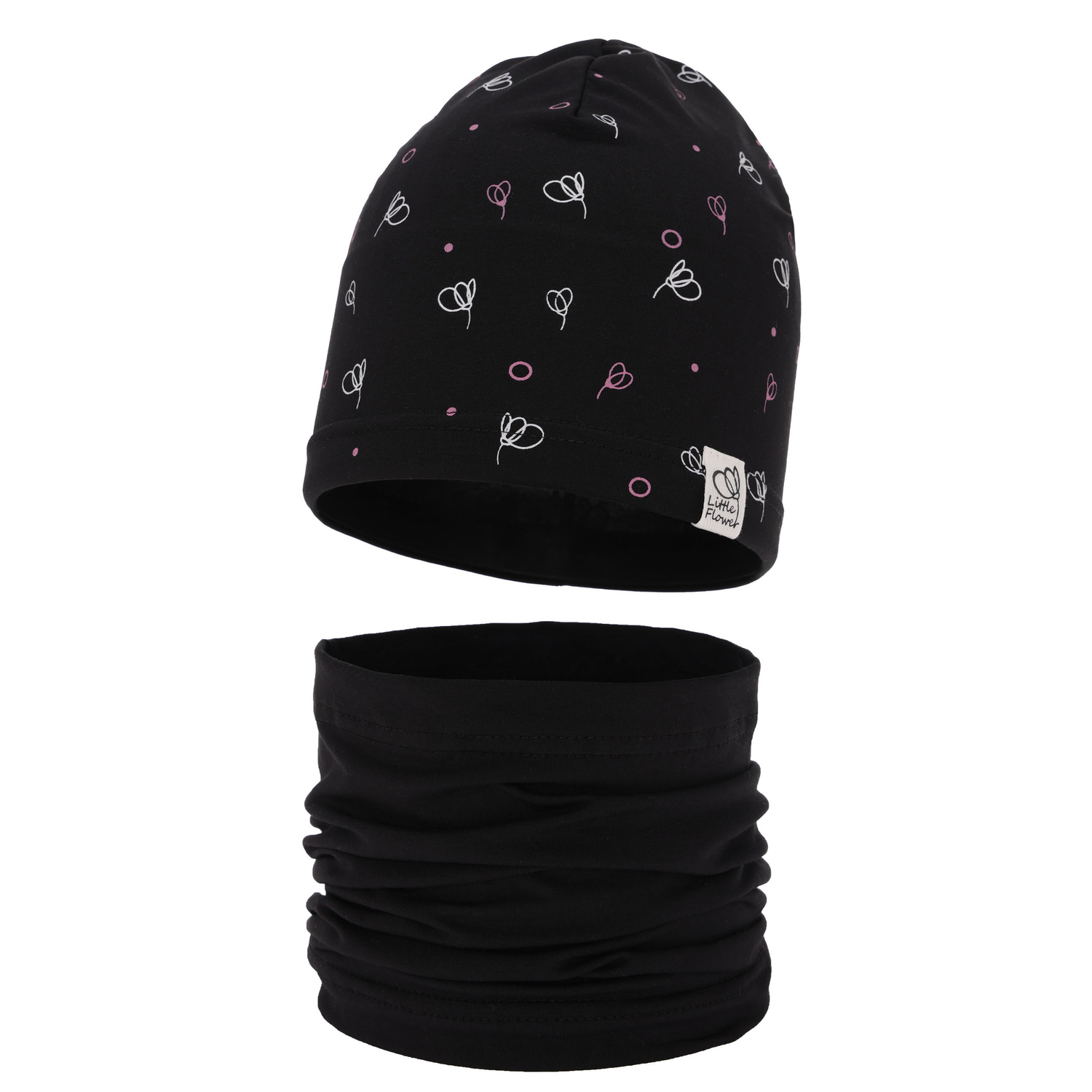 Ensemble automne/printemps fille: bonnet et snood, noir, en coton, Fiora