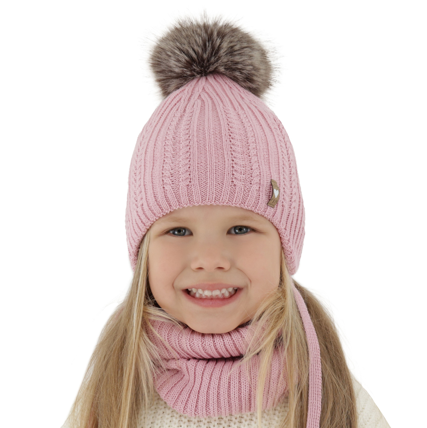 Ensemble d'hiver fille: bonnet et snood, beige, avec laine mérinos, avec pompon, avec liens, Muanda