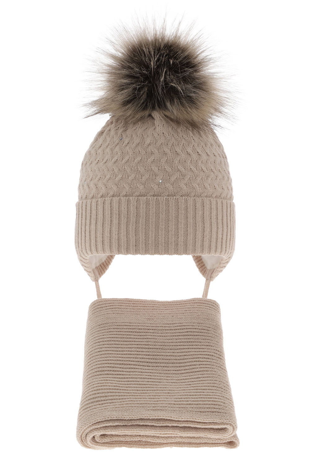 Ensemble d'hiver fille: bonnet et écharpe, beige, avec pompon, avec liens, Zelta