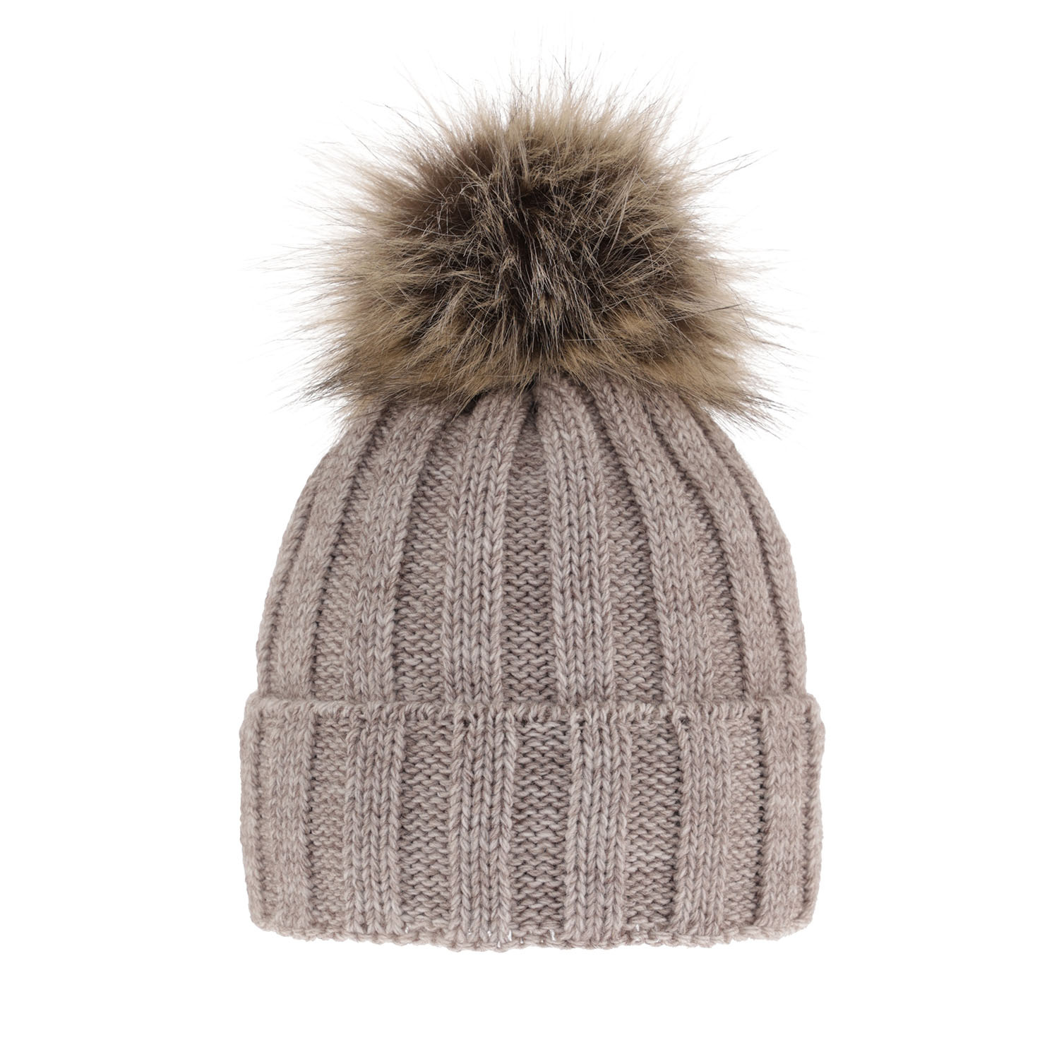 Dames wintermuts, beige, met garen pompon, Mokka