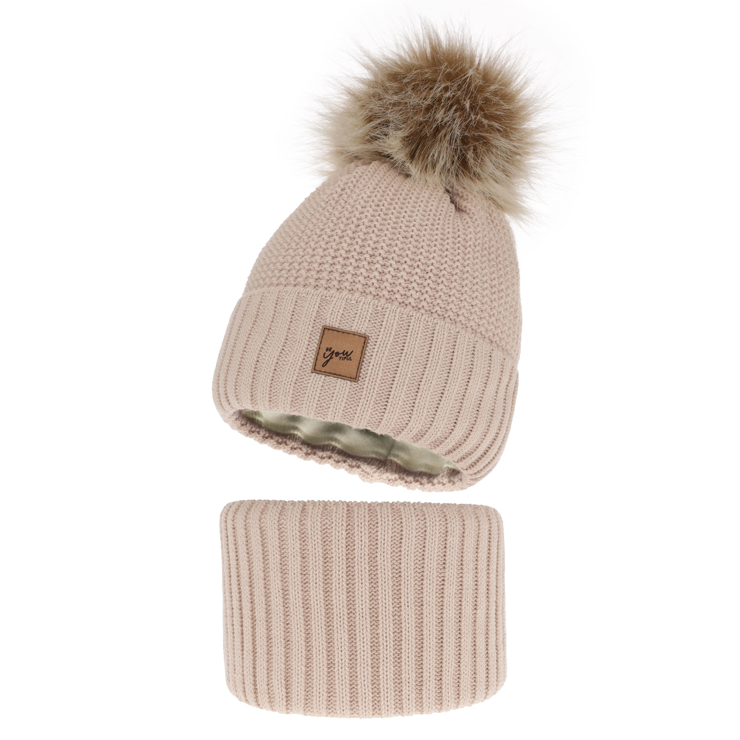 Ensemble d'hiver fille: bonnet et snood, beige, avec pompon, Juliette