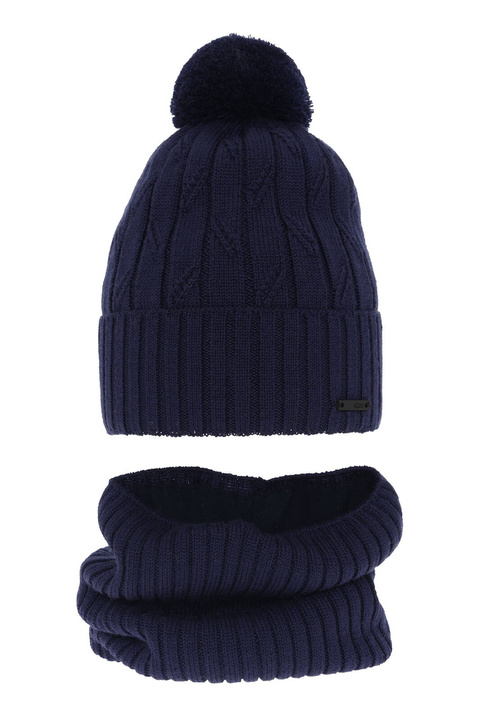 Ensemble d'hiver garçon: bonnet et snood, bleu marine, avec pompon, avec laine mérinos, Talar