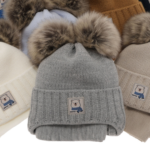 Ensemble d'hiver garçon: bonnet et écharpe, bleu, avec deux pompons, wiązany Jewel