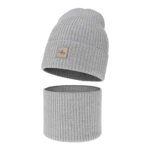 Ensemble automne/printemps fille: bonnet et snood, gris, avec laine mérinos, Vanita