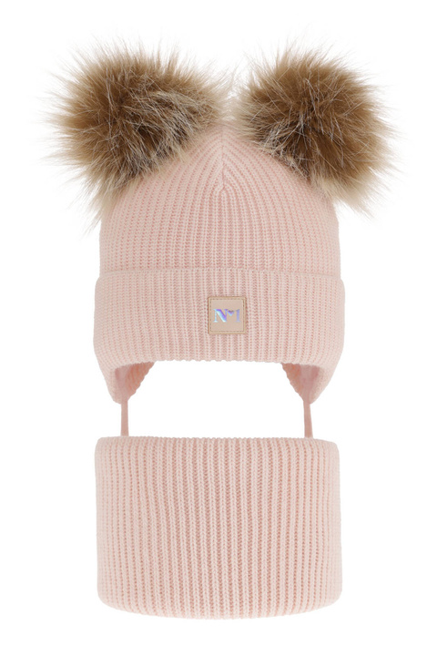 Ensemble d'hiver fille: bonnet et snood, rose, avec deux pompons, avec liens, Kiara