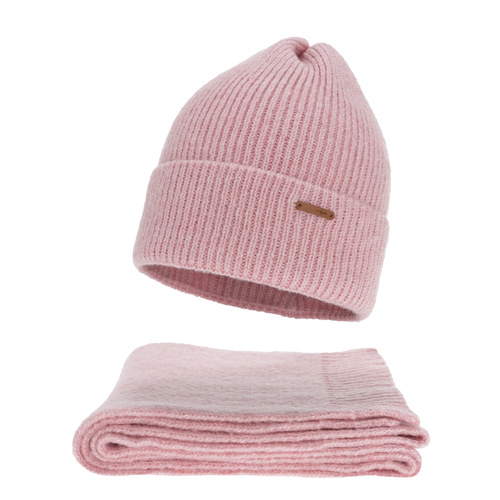 Dames winter set (muts en sjaal), roze, met merinowol, Seala