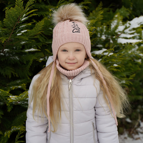 Meisjes winter set muts en buissjaal, grijs, met garen pompon, Treccia
