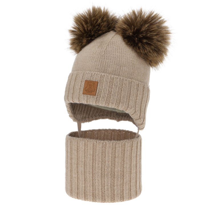 Jongens muts en col, winter set, beige, 100% merinowol, gevoerd met wollen fleece, Ronik