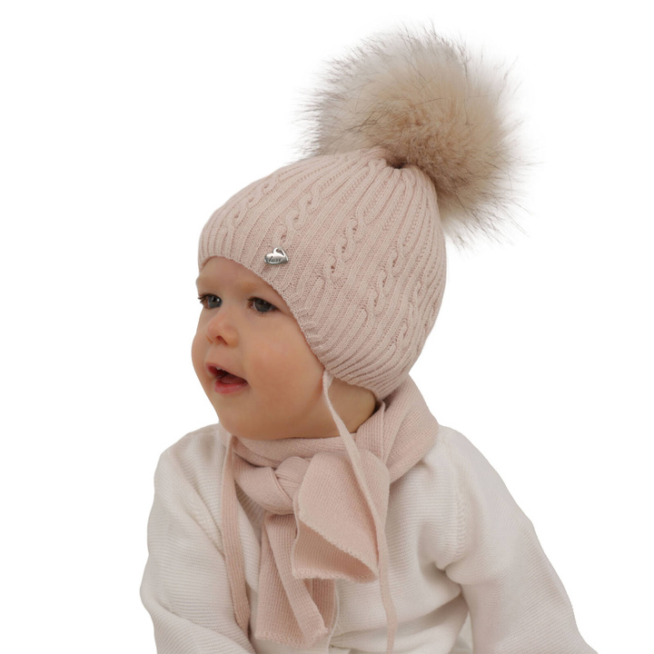 Ensemble d'hiver fille: bonnet et écharpe, beige, avec pompon, Amana