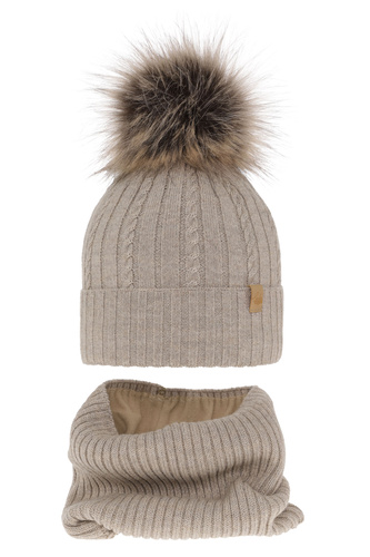 Ensemble d'hiver fille: bonnet et snood, beige, avec laine mérinos, Mirabel