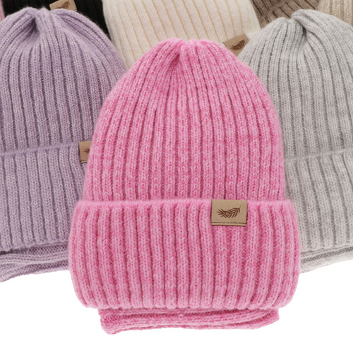 Ensemble d'hiver fille: bonnet et snood, rose, avec laine mérinos, Karmina