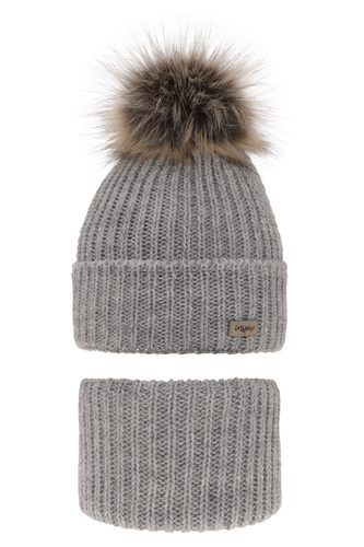 Ensemble d'hiver fille: bonnet et snood, gris, avec pompon, Willow