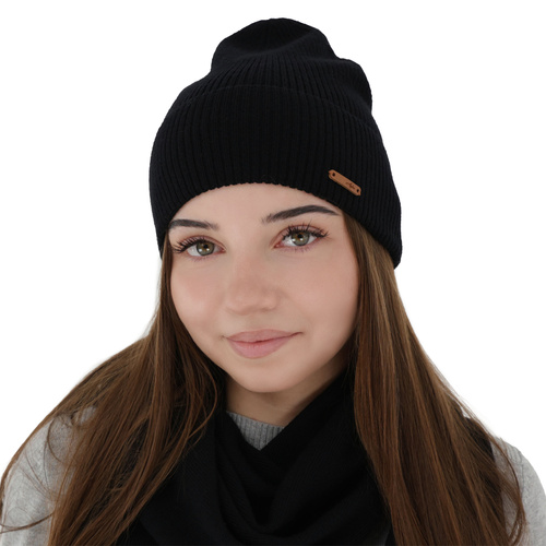 Dames herfst/lente muts, zwart, 100% Merino Wol, Flerra