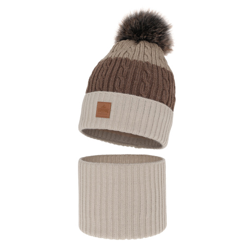 Ensemble d'hiver garçon: bonnet et snood, beige, avec pompon, Luxor