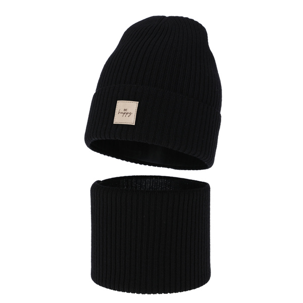 Ensemble automne/printemps fille: bonnet et snood, noir, avec laine mérinos, Vanita