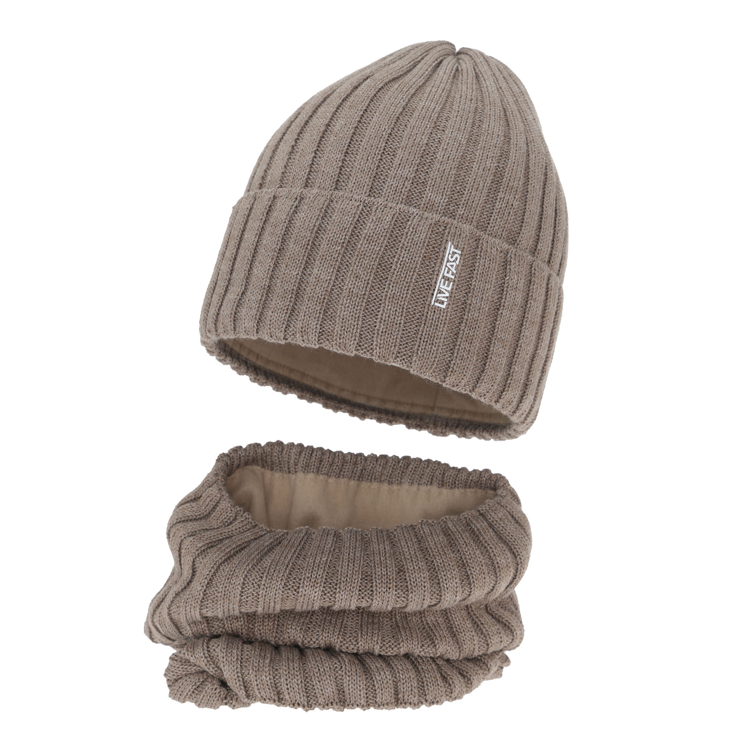 Jongens winter set (muts en buissjaal), beige, met merinowol, gevoerd met fleece, Banasko