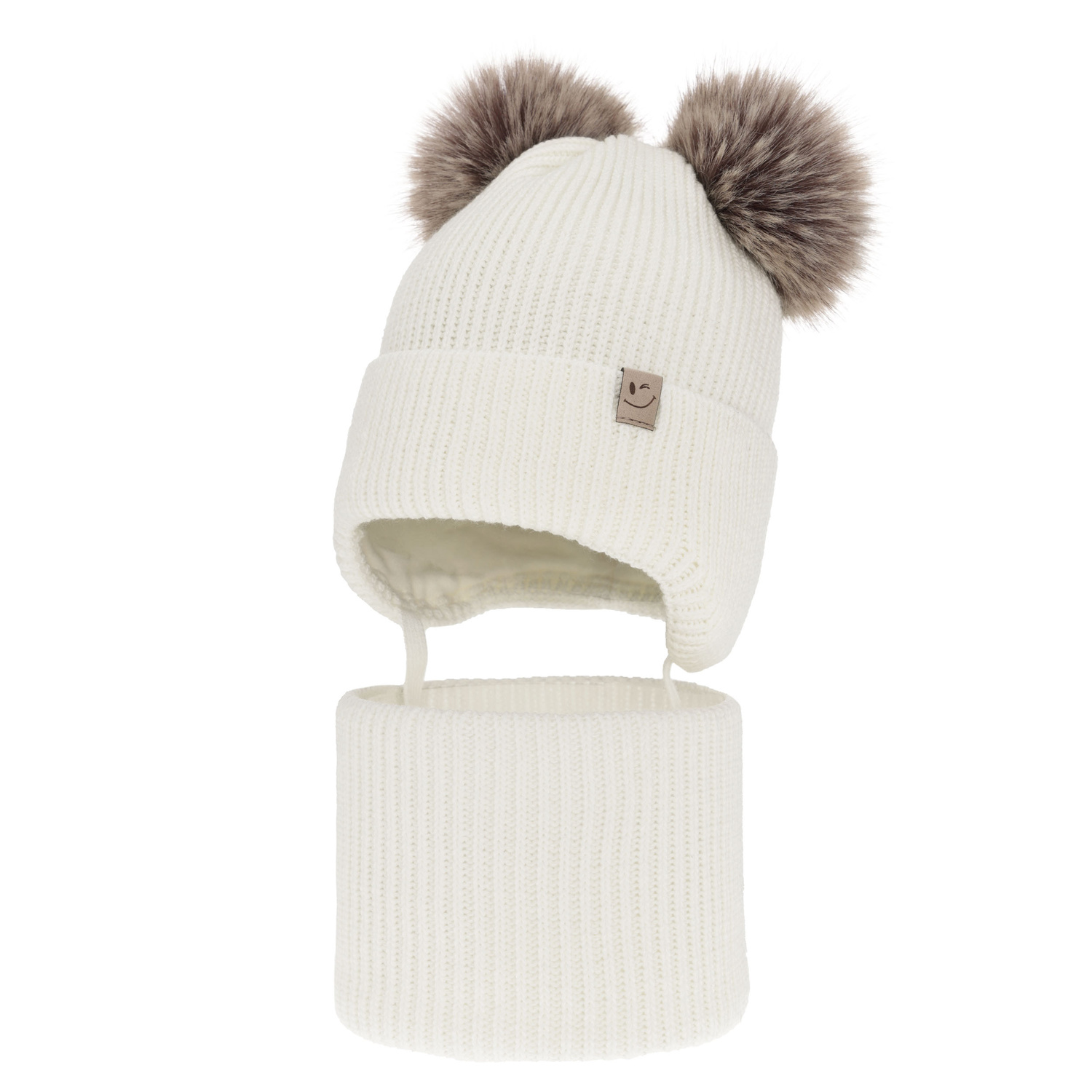Ensemble d'hiver fille: bonnet et snood, blanc, avec deux pompons, avec liens, Zori