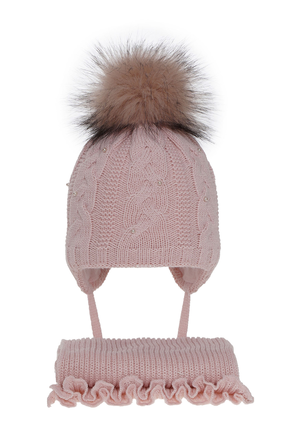 Ensemble d'hiver fille: bonnet et écharpe, rose, avec pompon, Mirella
