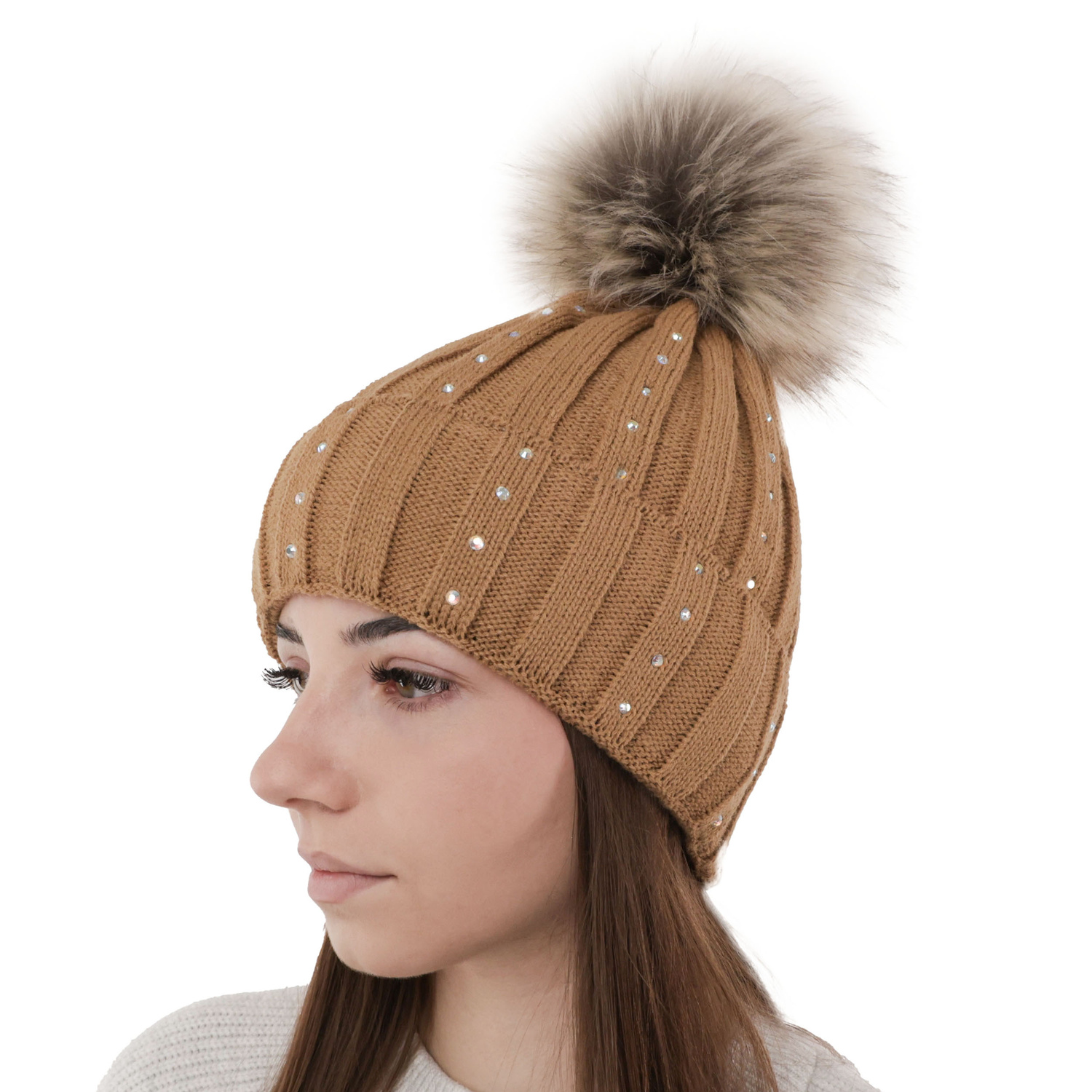 Bonnet d'hiver femme, gris, avec pompon, Mada
